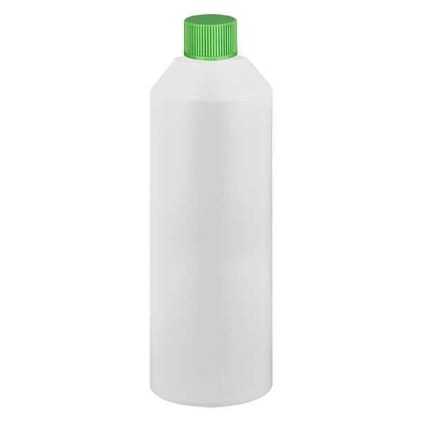 Apothekenflasche HDPE 250ml weiß, mit grünem Schraubverschluss Apothekenflasche HDPE 250ml weiß, mit grünem Schraubverschluss