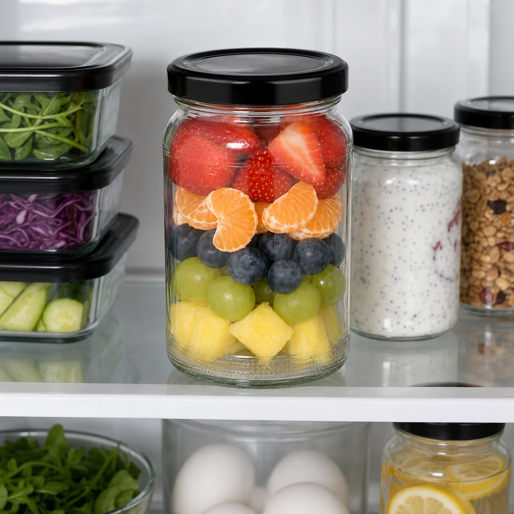 110ml Rundglas mit BasicSeal Deckel schwarz UNiTWIST UNiTWIST Rundglas 110ml mit geschichtetem Obstsalat im Kühlschrank neben Vorratsgläsern mit schwarzem TO48 Deckel