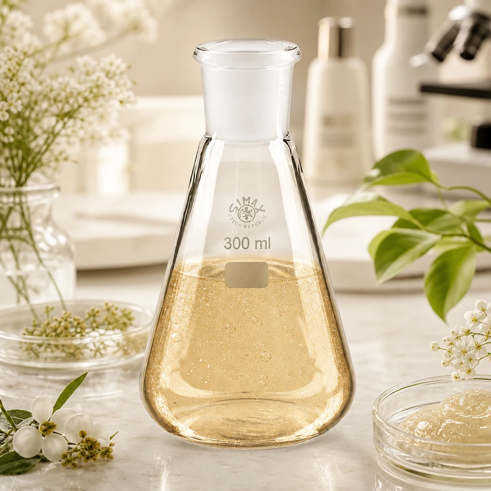 Erlenmeyerkolben 300ml mit gelblicher Testlösung und Normschliff 29/32 für analytische Chemie