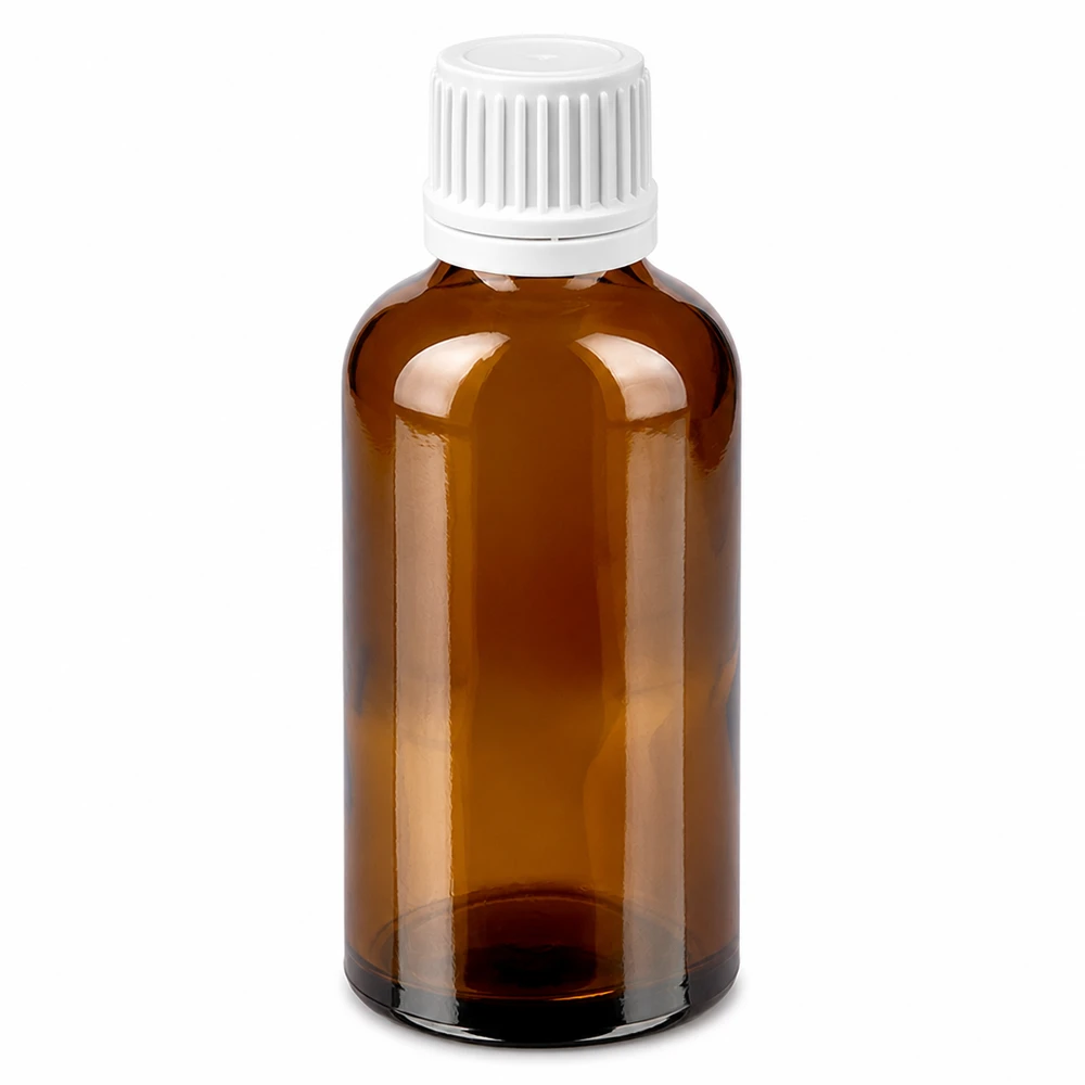 Kompakte 50ml Flasche in Braun für ätherische Öle mit weissem Sicherheitsverschluss