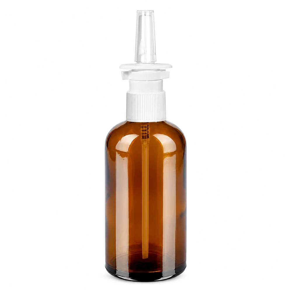 100ml Nasensprayflasche weiß/transparent Standard BrownLine UT18/100 Medizinische Braunglasflasche 100ml mit ergonomischem Sprühkopf für Nasenmedikamente