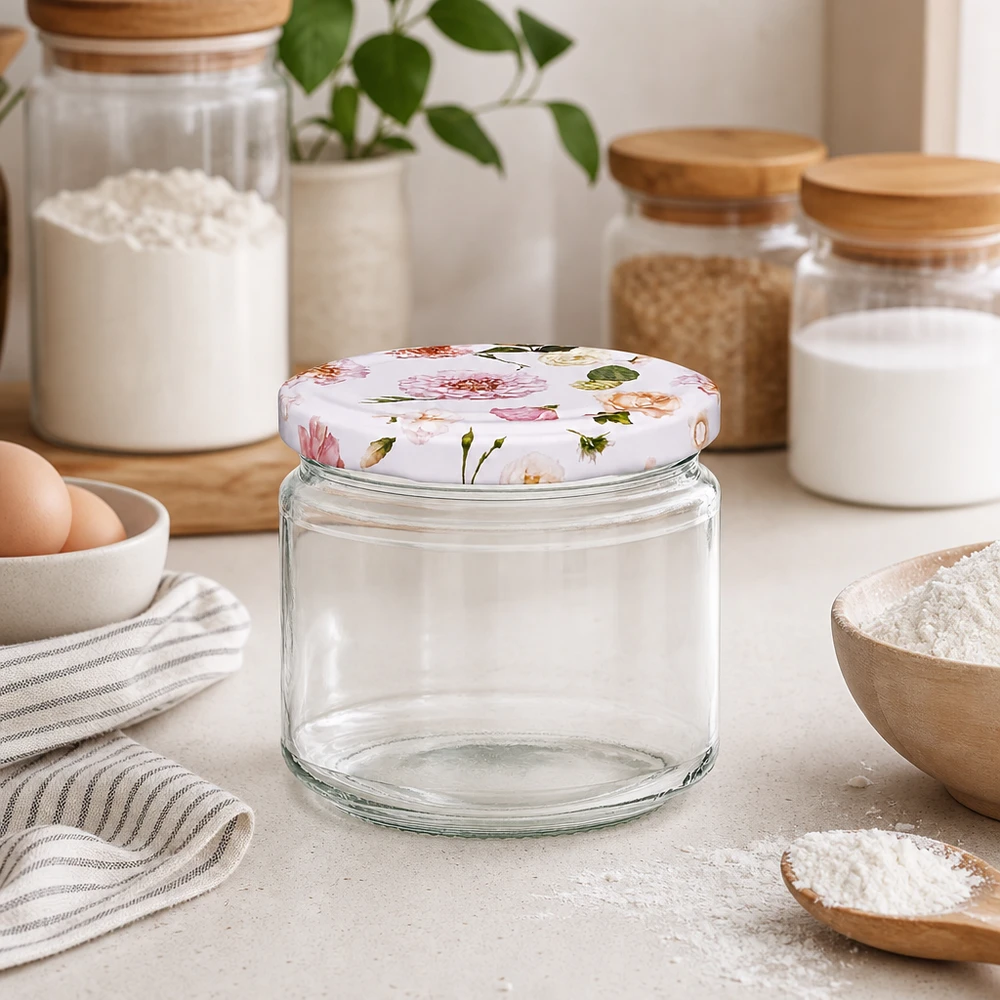 330ml Rundglas leer mit rosa Blüten BasicSeal Deckel in moderner Küche zwischen Vorratsgläsern und Mehl