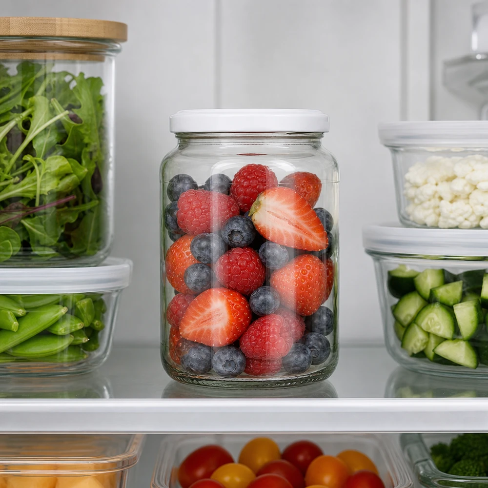 1700ml Rundglas mit BasicSeal Deckel im Kühlschrank zur Aufbewahrung frischer Beeren Obst und Gemüse