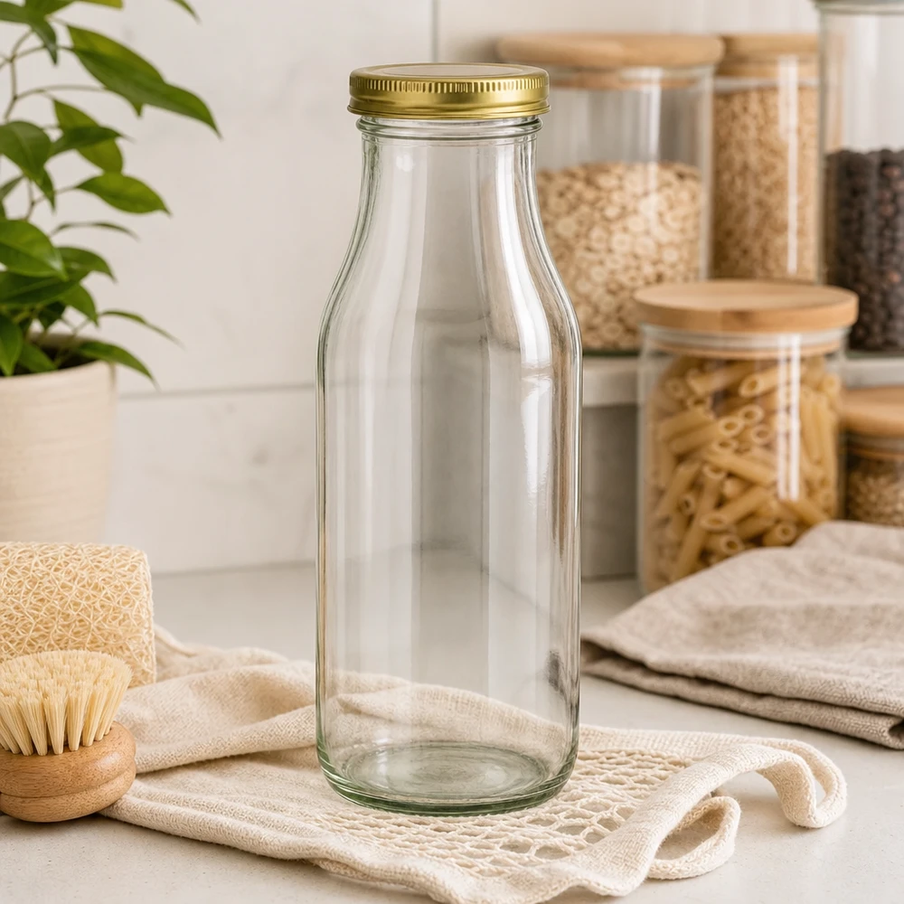 263ml Flasche mit BioSeal Deckel gold UNiTWIST UNiTWIST Bottle263 Glasflasche mit goldenem TO43 BioSeal Deckel in nachhaltiger Zero-Waste Küche mit Vorratsgläsern