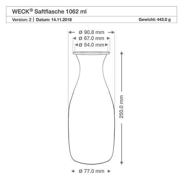 1062ml Saftflasche WECK RR60 mit Korken natur Technische Zeichnung WECK Saftflasche 1062ml RR60 mit Maßangaben und Spezifikationen für Glasflasche