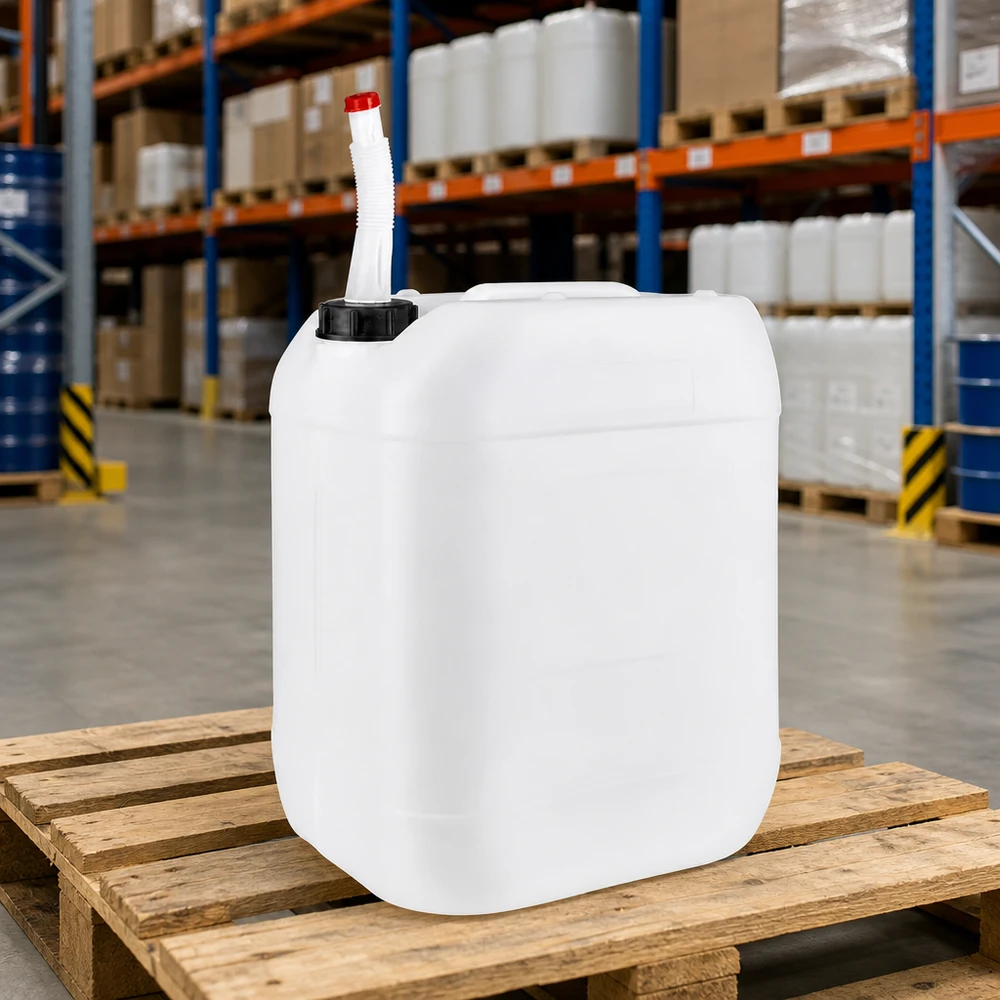 Kanister 20 Liter mit Auslaufrohr Flex Industriekanister 20 Liter mit abnehmbarem Auslaufrohr auf Europalette gelagert