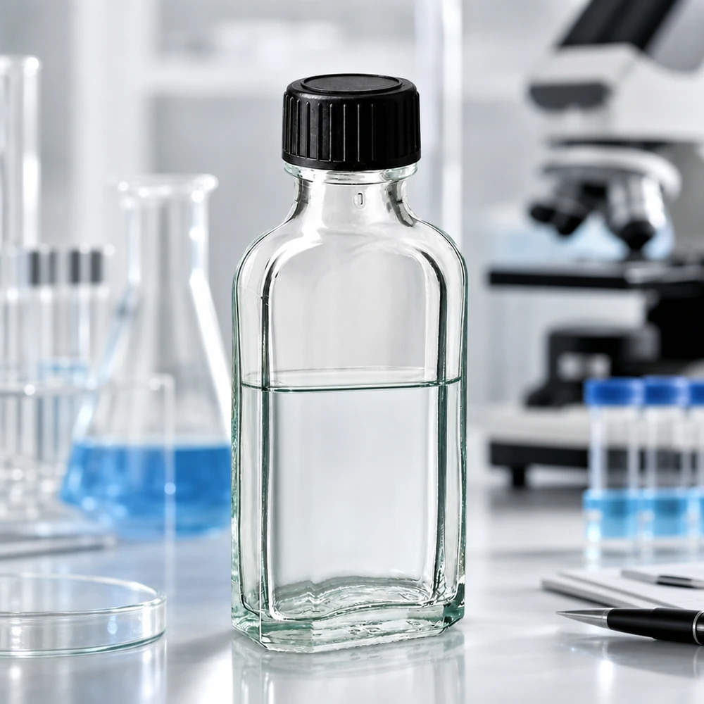 50 ml Meplat klar Schraubverschluss mit LKD-Dichtscheibe Kompakte Meplat Flasche 50ml klar mit flachem Boden und hermetisch dichtendem Verschluss