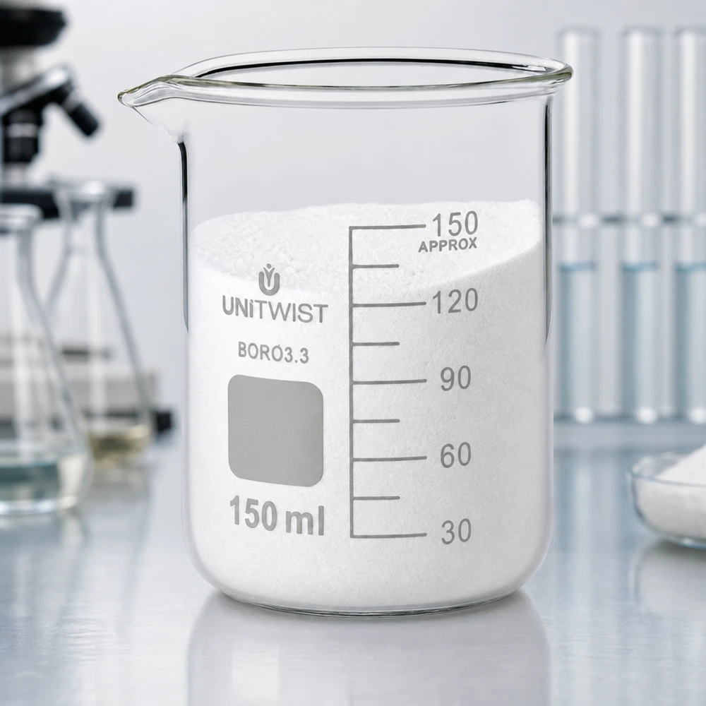 Becherglas 150ml Borosilikat, niedrige Form UNiTWIST Laborglas UNiTwist 150ml niedrige Form Borosilikat 3.3 mit Pulverfüllung und Skalierung