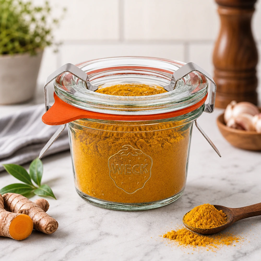 WECK Sturzglas 35ml RR40 mit Kurkuma gefüllt neben frischem Ingwer zeigt Aufbewahrung von Gewürzen und Kräutern