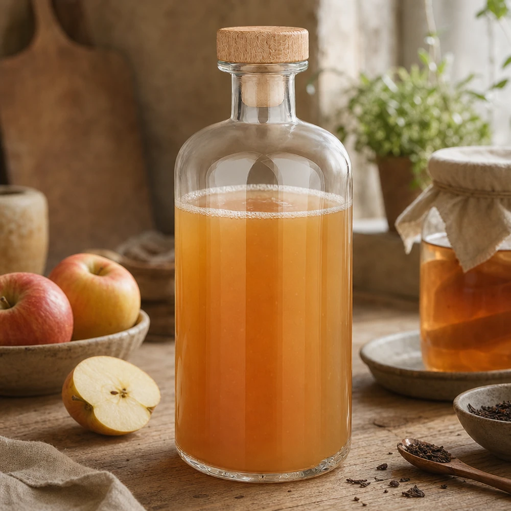 500ml Glasflasche "Flora" mit Holzgriff-Korken UNiTWIST Glasflasche Flora 500ml mit Apfelessig gefüllt zwischen frischen Äpfeln und Gewürzen auf Holztisch rustikale Küche