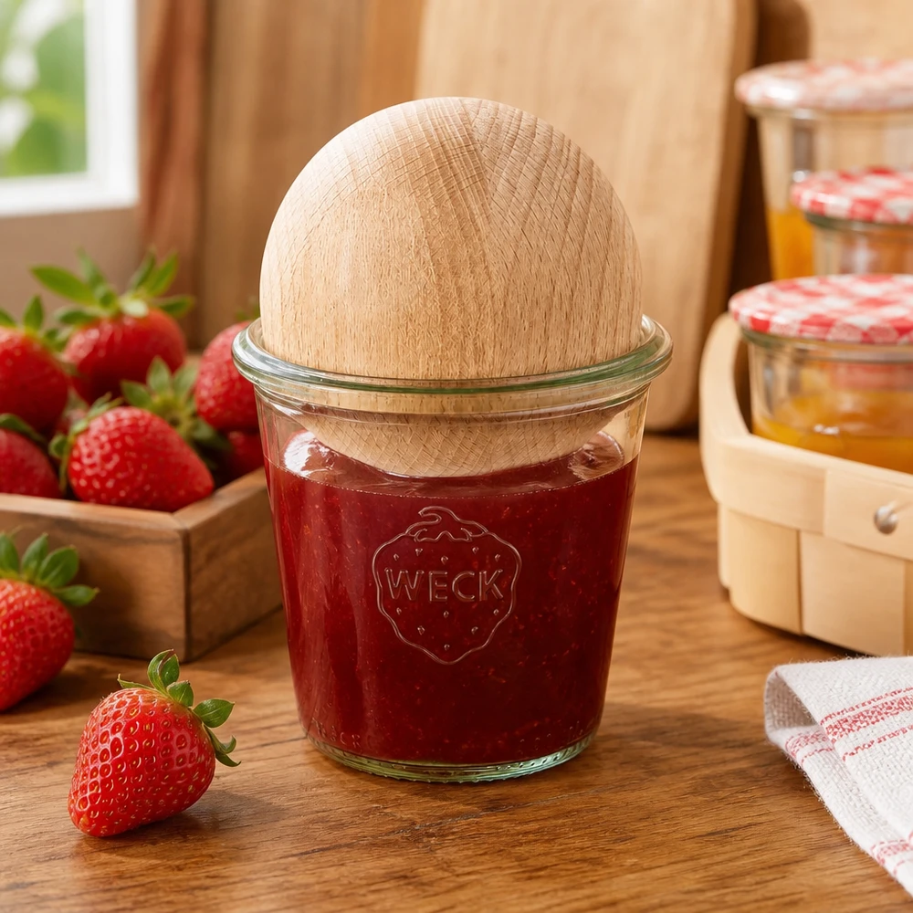 WECK Einmachglas 290ml RR80 gefüllt mit Erdbeermarmelade und Holzkugel-Verschluss aus Buche in Küche