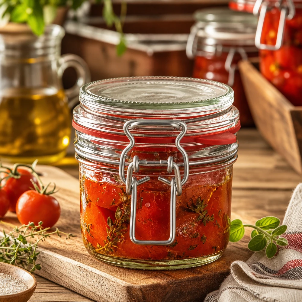 255ml Vorratsglas Typ G mit Bügelverschluss UN.. Einmachglas 255ml gefüllt mit eingelegten Tomaten und Kräutern, rustikale Küchendeko auf Holzbrett mit frischen Zutaten