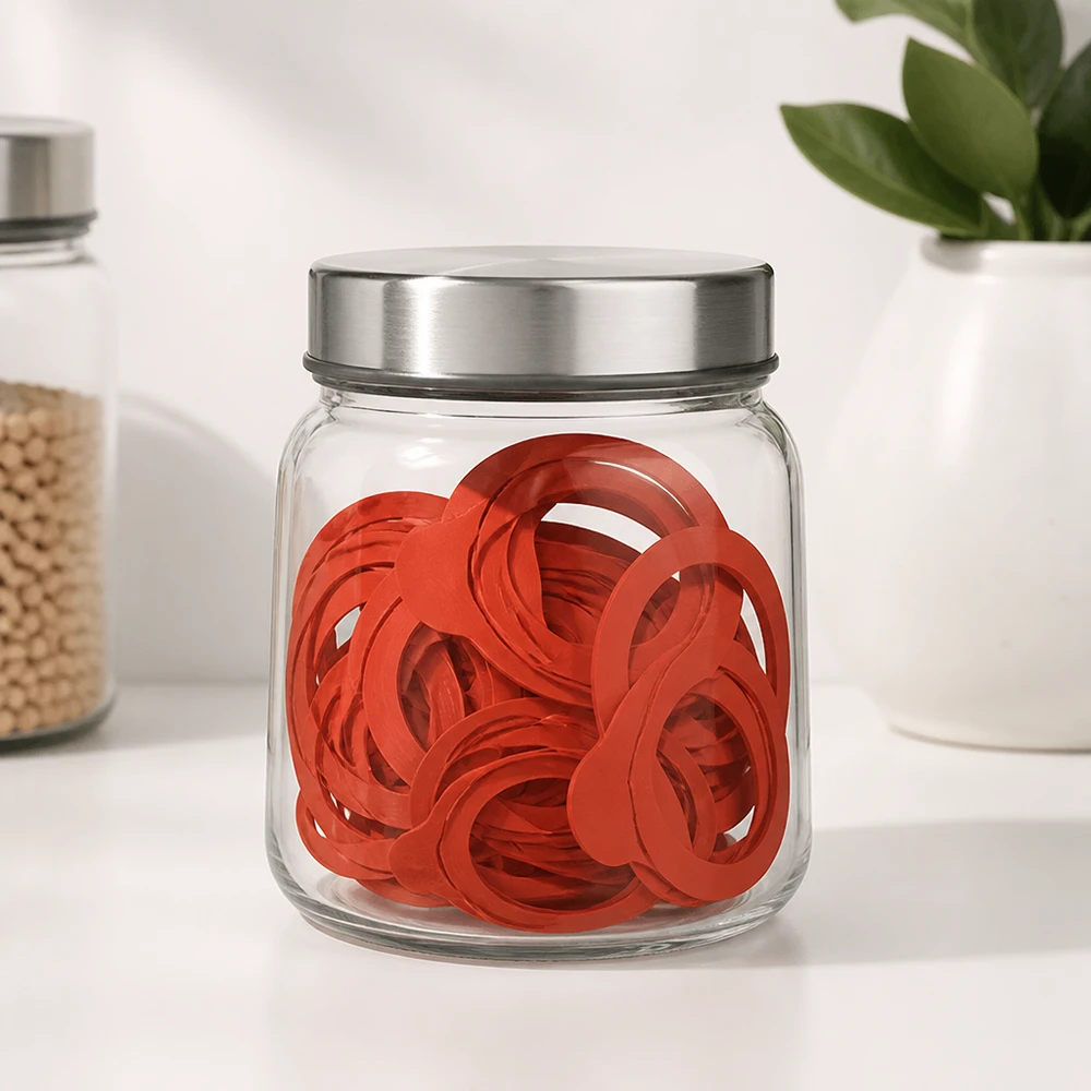 Einkochringe RR60 Naturgummi orange in Glasdose mit Metalldeckel moderne weiße Küche Aufbewahrung Dichtungsringe
