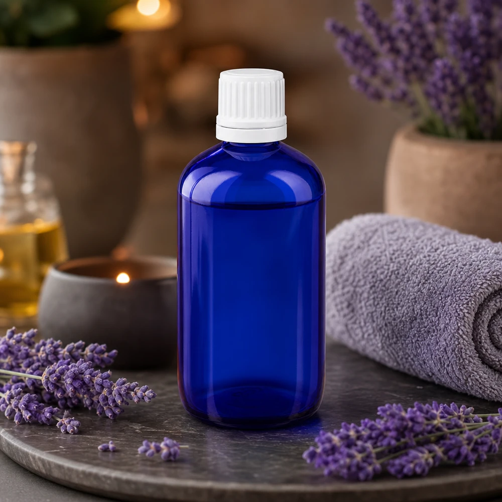 Apothekenflasche blau 100ml Tropfverschluss 1.2mm weiß Originalitätsverschluss Blaue Medizinglasflasche 100ml mit Dosiertropfer und weißem OV neben Lavendelpflanzen