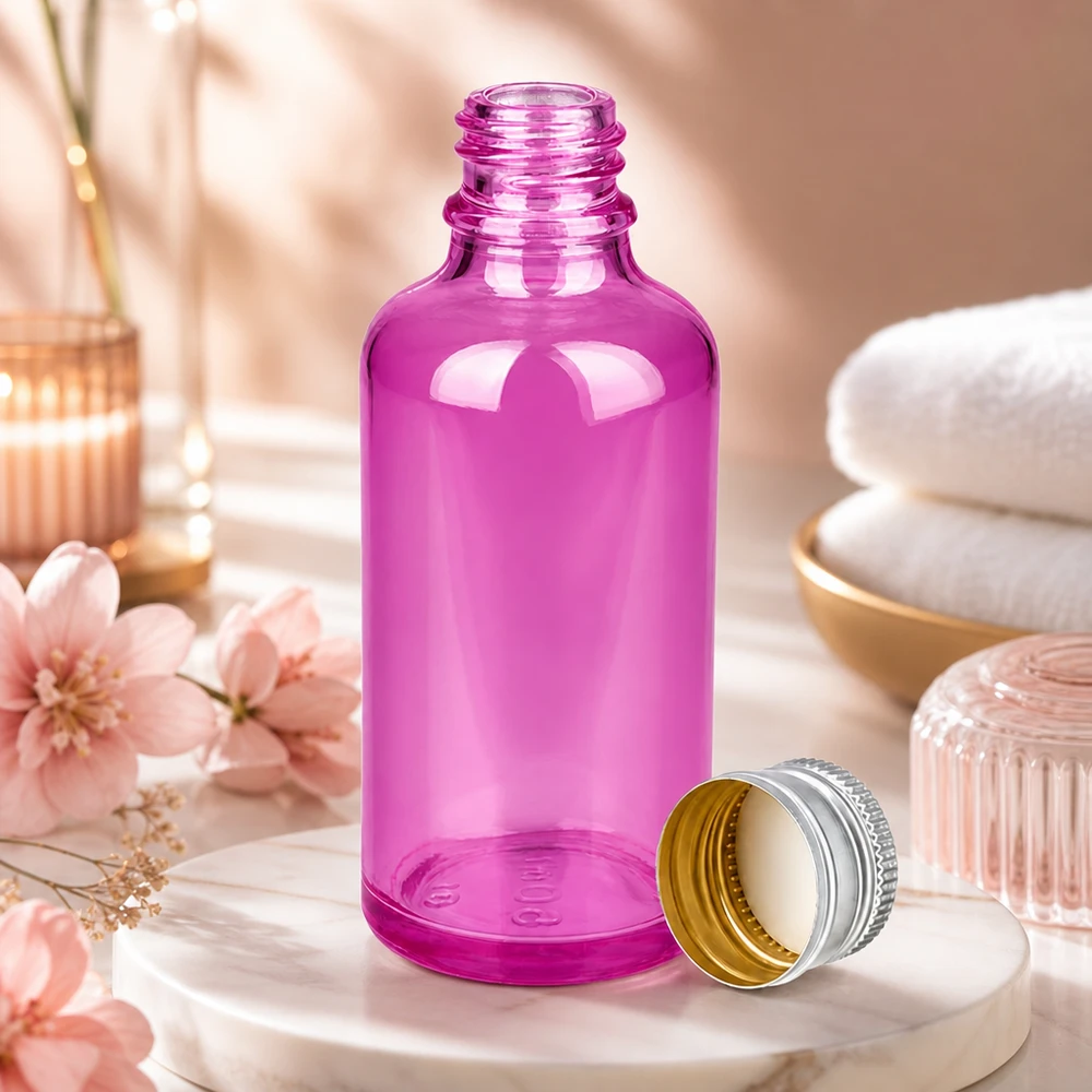 Hochwertige violette 50ml Flasche aus Glas mit langlebigem Aluminium-Verschluss für Profis