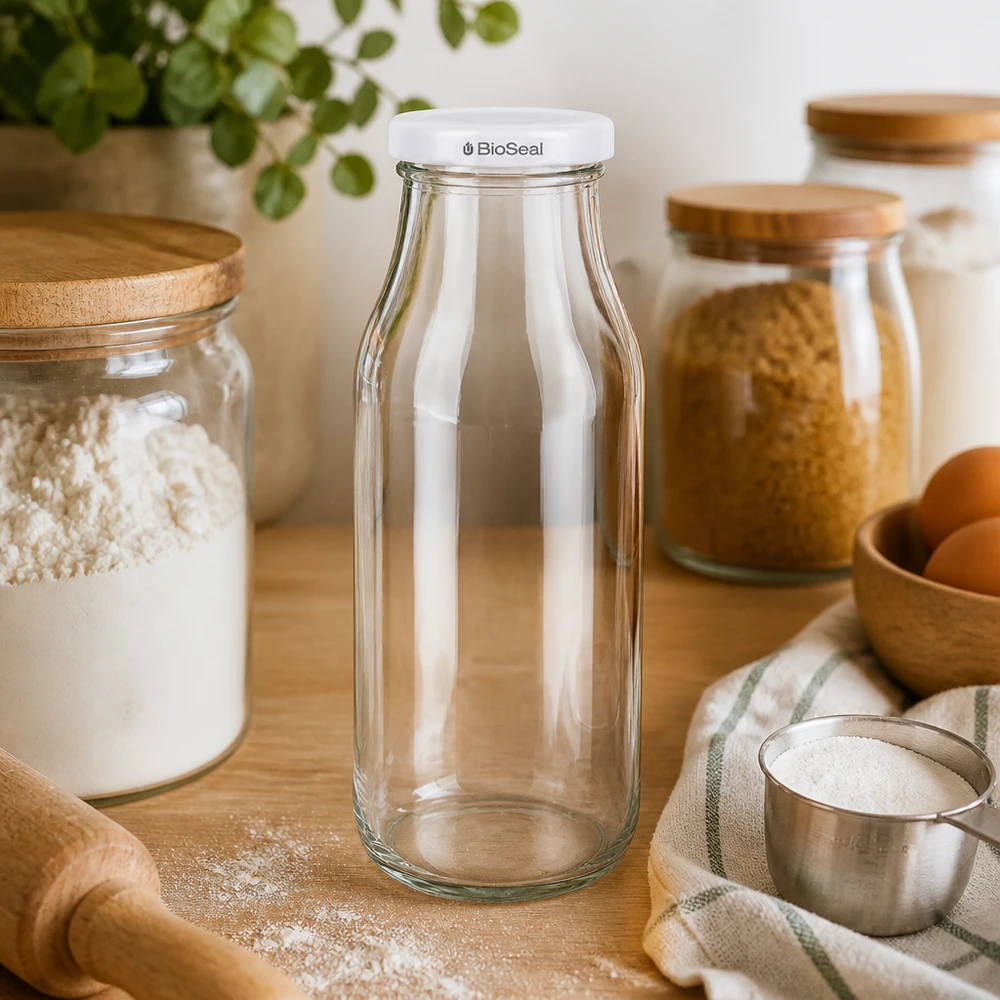 263ml Flasche mit BioSeal Deckel weiß UNiTWIST UNiTWIST Bottle263 Glasflasche leer in Küchenumgebung mit Vorratsschränken und Kochutensilien aus Holz