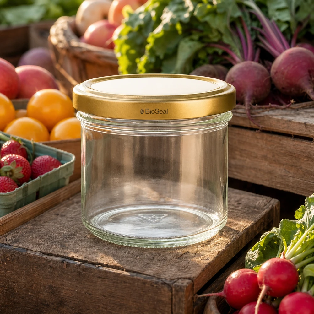 125ml Sturzglas mit BioSeal Deckel gold UNiTWIST UNiTWIST 125ml Einmachglas leer mit goldenem TO66 Deckel - umgeben von frischem Gemüse und Obst auf Holzbrett