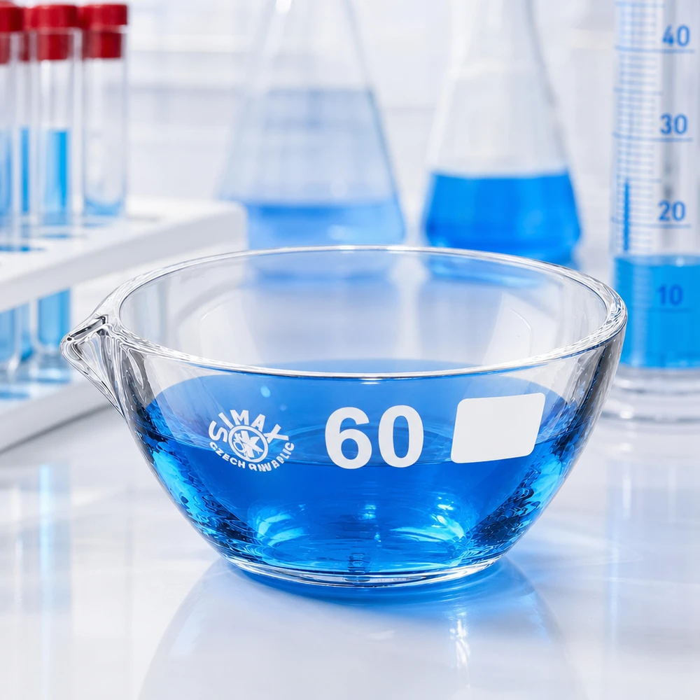 Wissenschaftliche Abdampfschale 45ml aus temperaturstabilem Borosilikat ø60mm mit Ausguss
