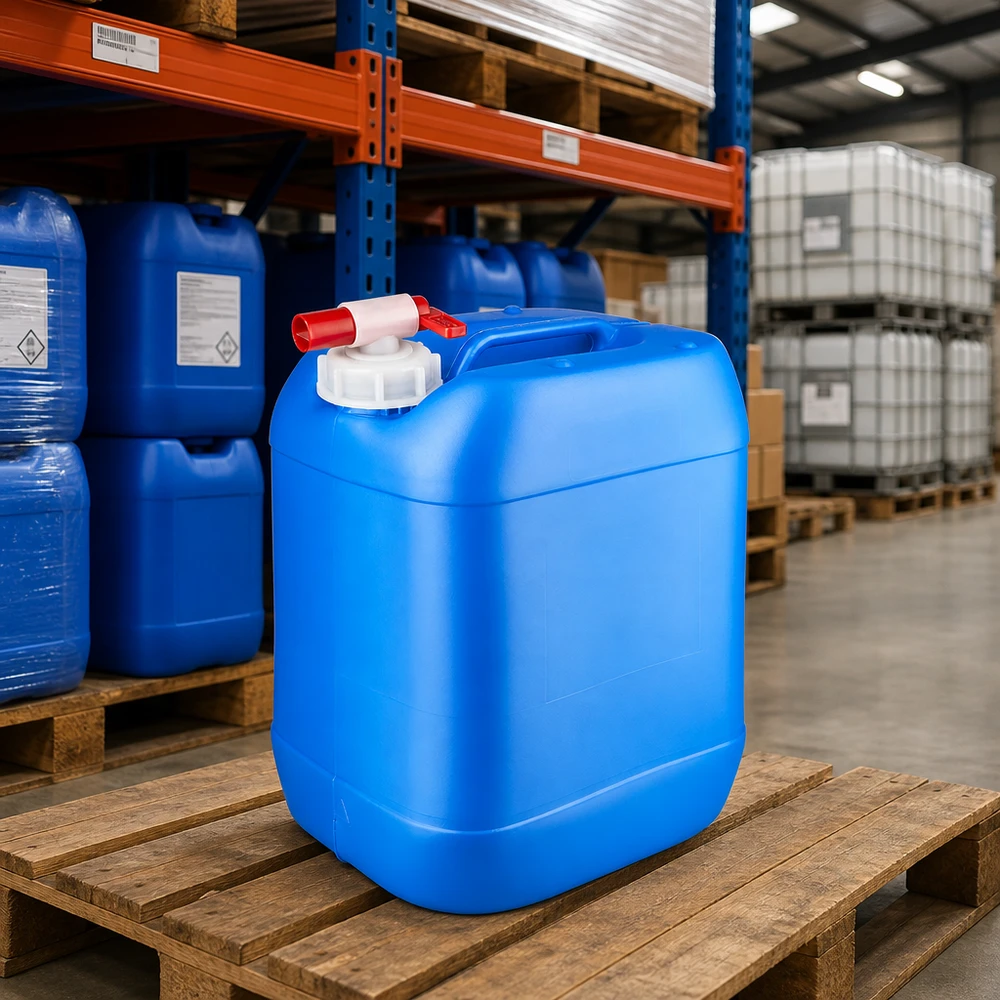 Kanister 20 Liter blau mit Auslaufhahn Rechteckiger Vorratstank 20 Liter Blau mit Entnahmeventil für Reinigungsmittel