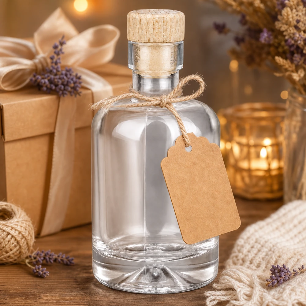 50ml Glasflasche "Attila" mit Holzgriffkorken UNiTWIST 50ml Glasflasche Amelie als Geschenkset mit Lavendel Kraftpapier-Anhänger und warmem Kerzenlicht dekoriert