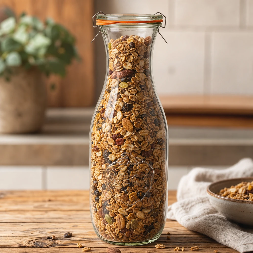 1062ml Saftflasche komplett WECK RR60 WECK Saftflasche 1062ml RR60 mit Müsli Nüssen gefüllt als Vorratsglas in warmer Küchenatmosphäre präsentiert