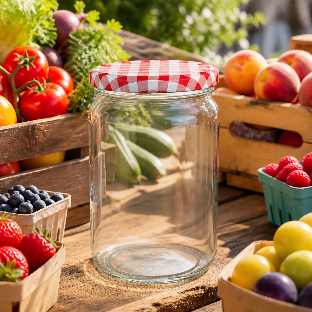 795ml Rundglas mit BasicSeal Deckel rot/weiß UNiTWIST 795ml Rundglas mit rot-weiß kariertem Deckel zwischen frischem Obst und Gemüse auf Holztisch im Garten