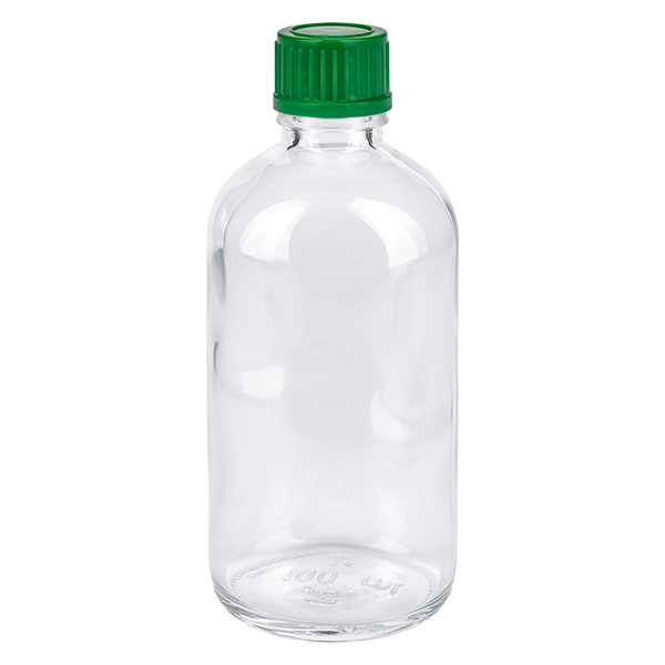 100ml Flasche 11mm Schraubverschluss grün Standard ClearLine UT18/100 Kleine Glasflasche 100ml transparent grüner Deckel Pharma Verpackung ClearLine