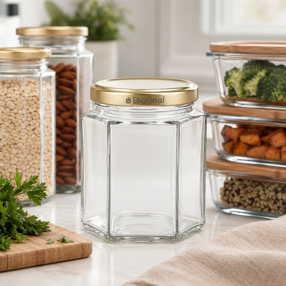 250g Honigglas mit goldenem Deckel BioSeal UNiTWIST 250g Honigglas sechseckig leer BioSeal Golddeckel moderne Küche mit Vorratsgläsern Nüssen Gemüse Kräutern