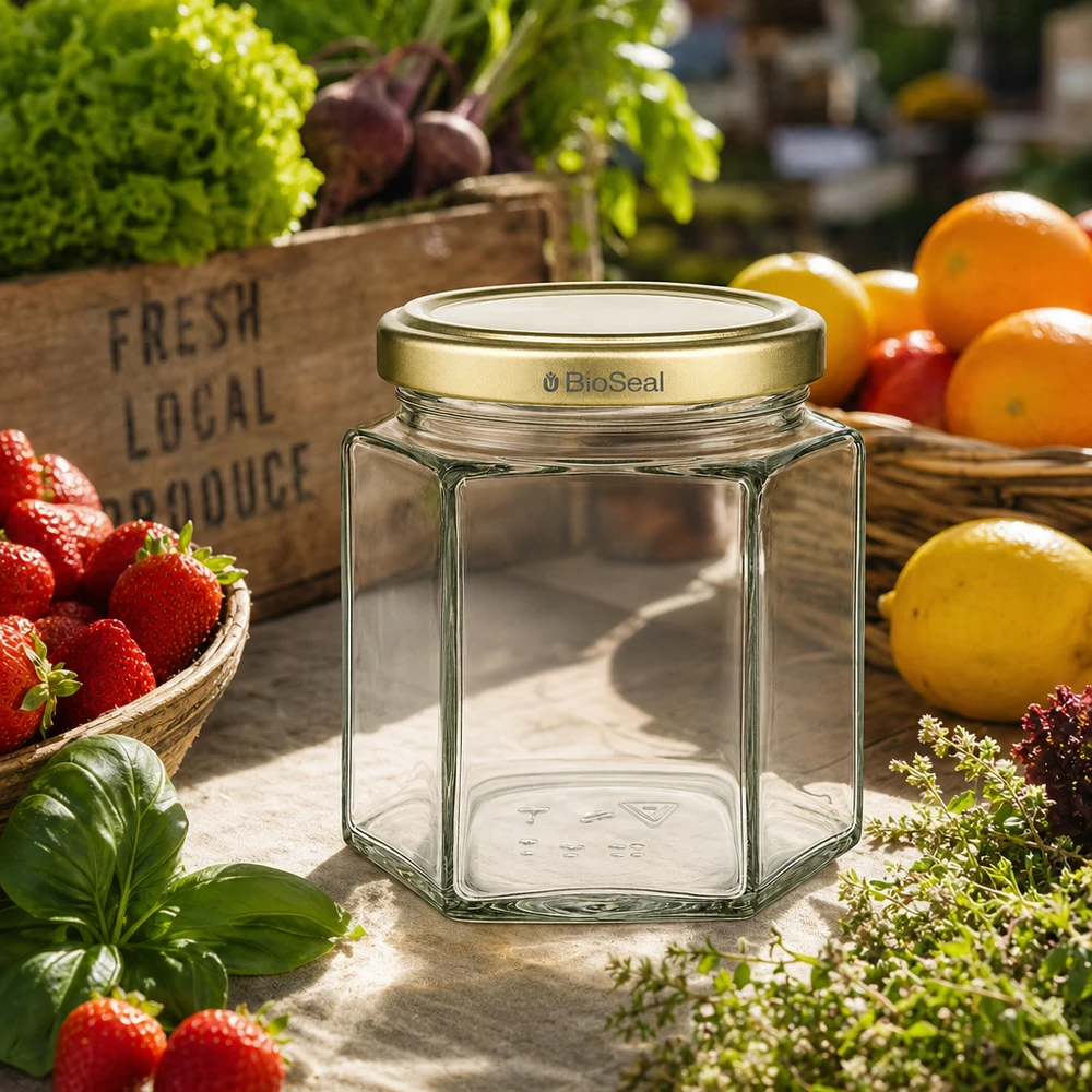 Leeres 520g BioSeal Honigglas hexagonal mit Golddeckel zwischen frischen Erdbeeren und Gemüse auf Holztisch