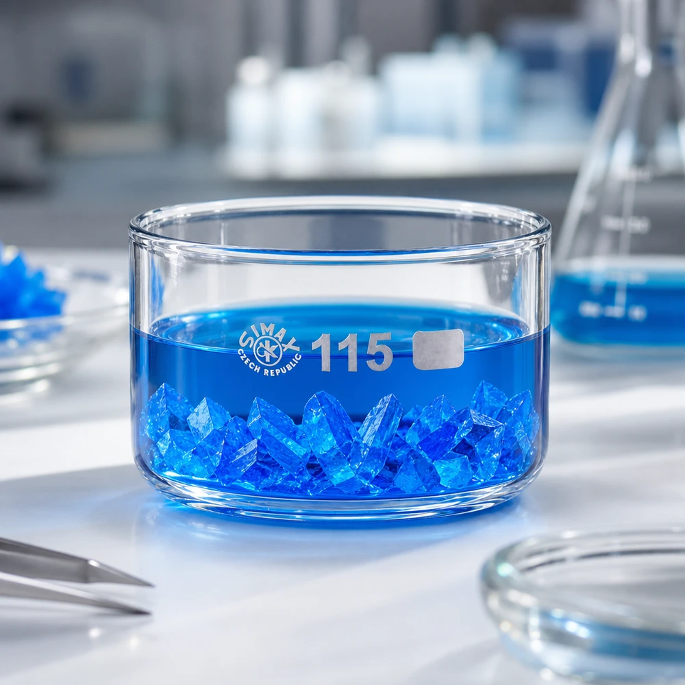 500ml Kristallisierschale ohne Ausguss Borosilikat ø115mm Niedrige Glasschale ohne Ausguss 115mm mit Kristallisationsversuch in blauer Kupfersulfatlösung