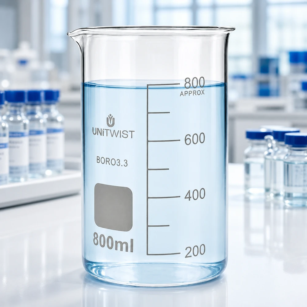 Becherglas 800ml Borosilikat, hohe Form UNiTWIST Laborbedarf UNITWIST Becherglas 800ml hohe Form Borosilikat neben Laborflaschen auf Arbeitstisch