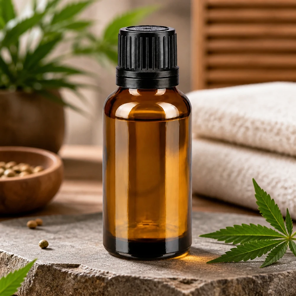 Bernsteinfarbene 20ml Tropfflasche mit schwarzem Originalitätsverschluss im Wellness-Setting