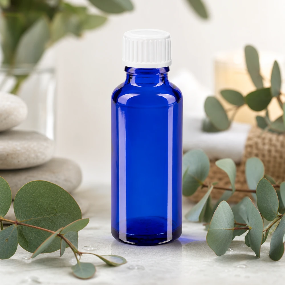 Apothekenflasche blau 30ml Schraubverschluss weiß Globuli Standard Blaue 30ml Pharmaflasche aus Glas mit kindersicherem Weißdeckel in entspannender Naturkulisse
