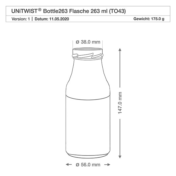 263ml Flasche ohne Deckel (TO43) UNiTWIST UNiTWIST Bottle263 Glasflasche 263ml TO43 mit Maßen 147mm Höhe 56mm Durchmesser technische Zeichnung