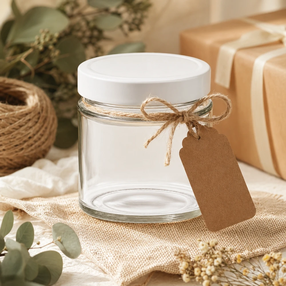 135ml Rundglas mit weißem BasicSeal Deckel dekorativ arrangiert mit Kraftpapier Anhänger Geschenkverpackung DIY