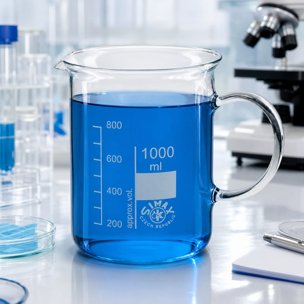 Großes Laborbecherglas 1 Liter mit Henkel Ausguss und eingeätzter Messskala aus Glas
