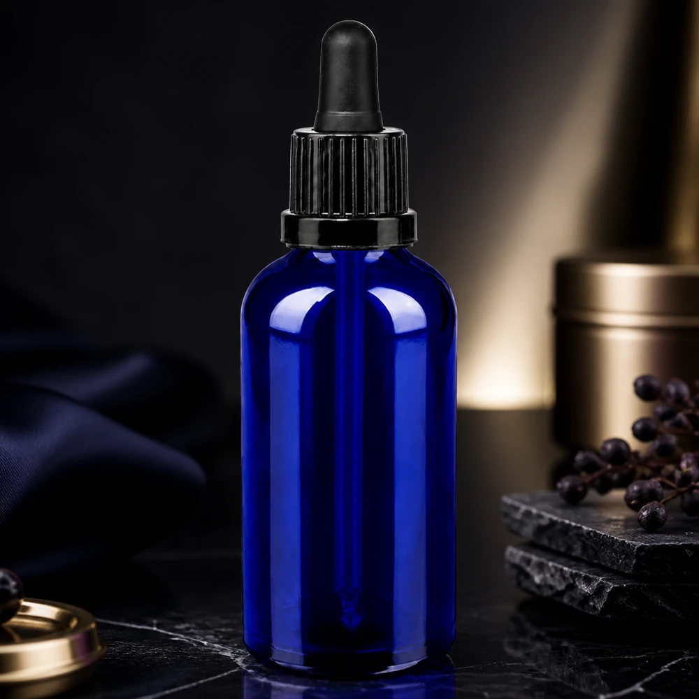 50ml Pipettenflasche schwarz Originalitätsverschluss BlueLine UT18/50 Stilvolle blaue Glasflasche mit ergonomischem Design - perfekt für DIY Kosmetik und Naturprodukte