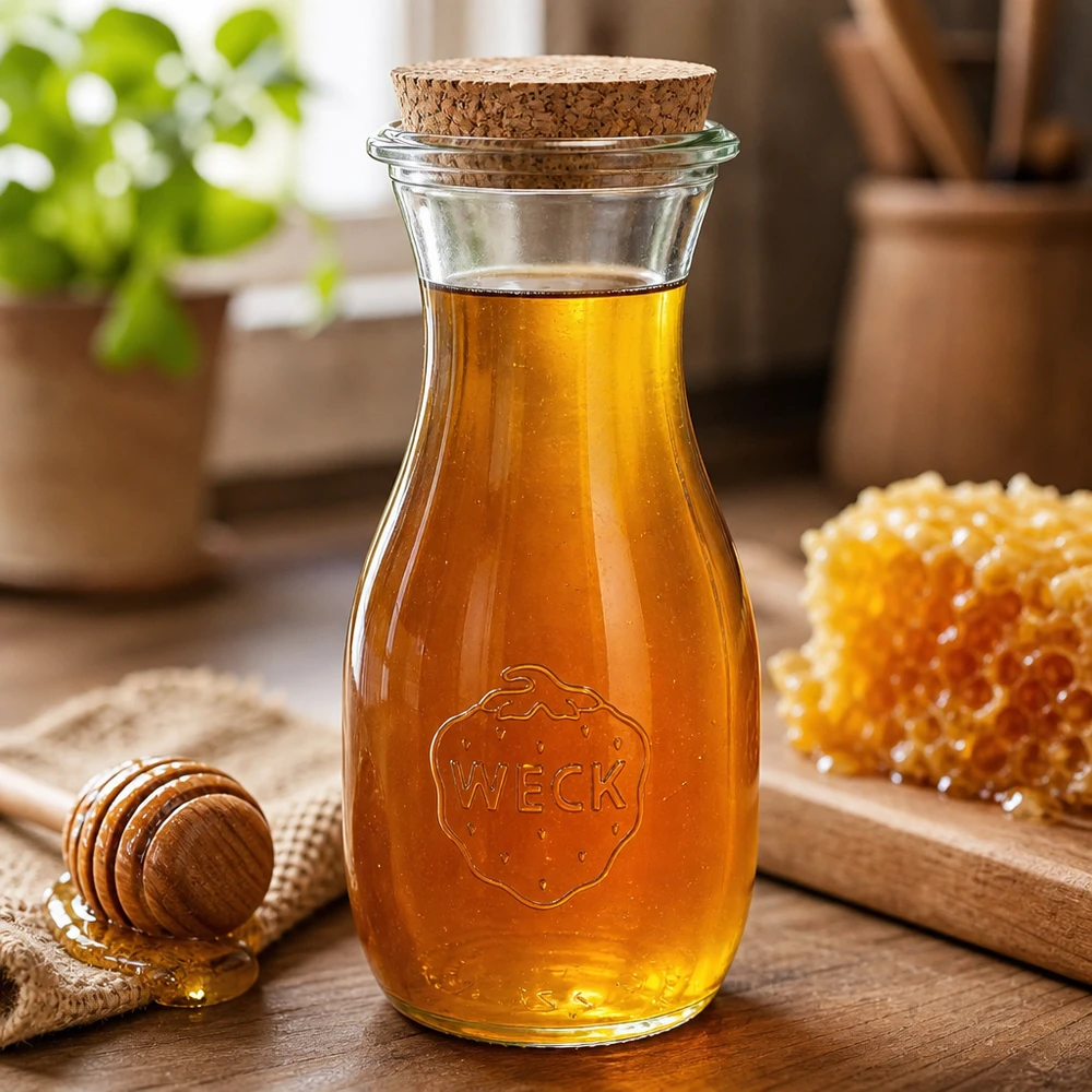530ml Saftflasche WECK RR60 mit Korken natur WECK Glasflasche 530ml mit Honig gefüllt neben Wabenhonig und Honiglöffel auf Holzbrett rustikale Küche