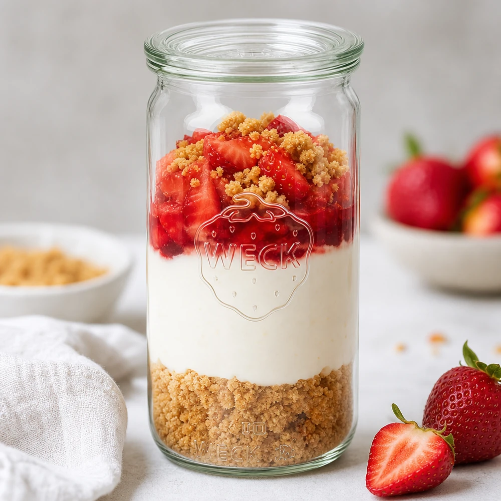 WECK 340ml Zylinderglas RR60 mit Erdbeer-Dessert-Schichtung Keksboden Creme und Früchten als Parfait-Inspiration
