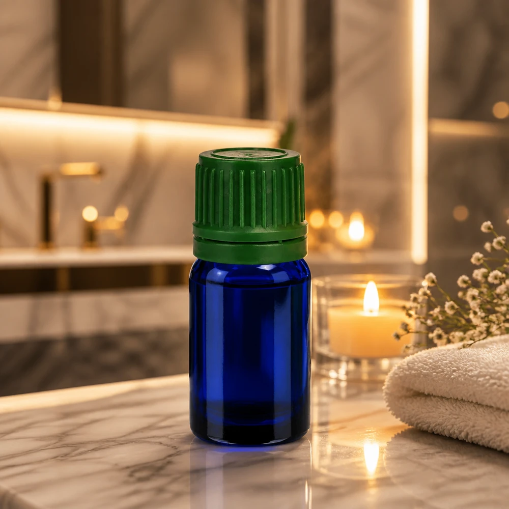 Dekorative blaue 5ml Glasflasche mit grünem Deckel als stilvolle Verpackungslösung