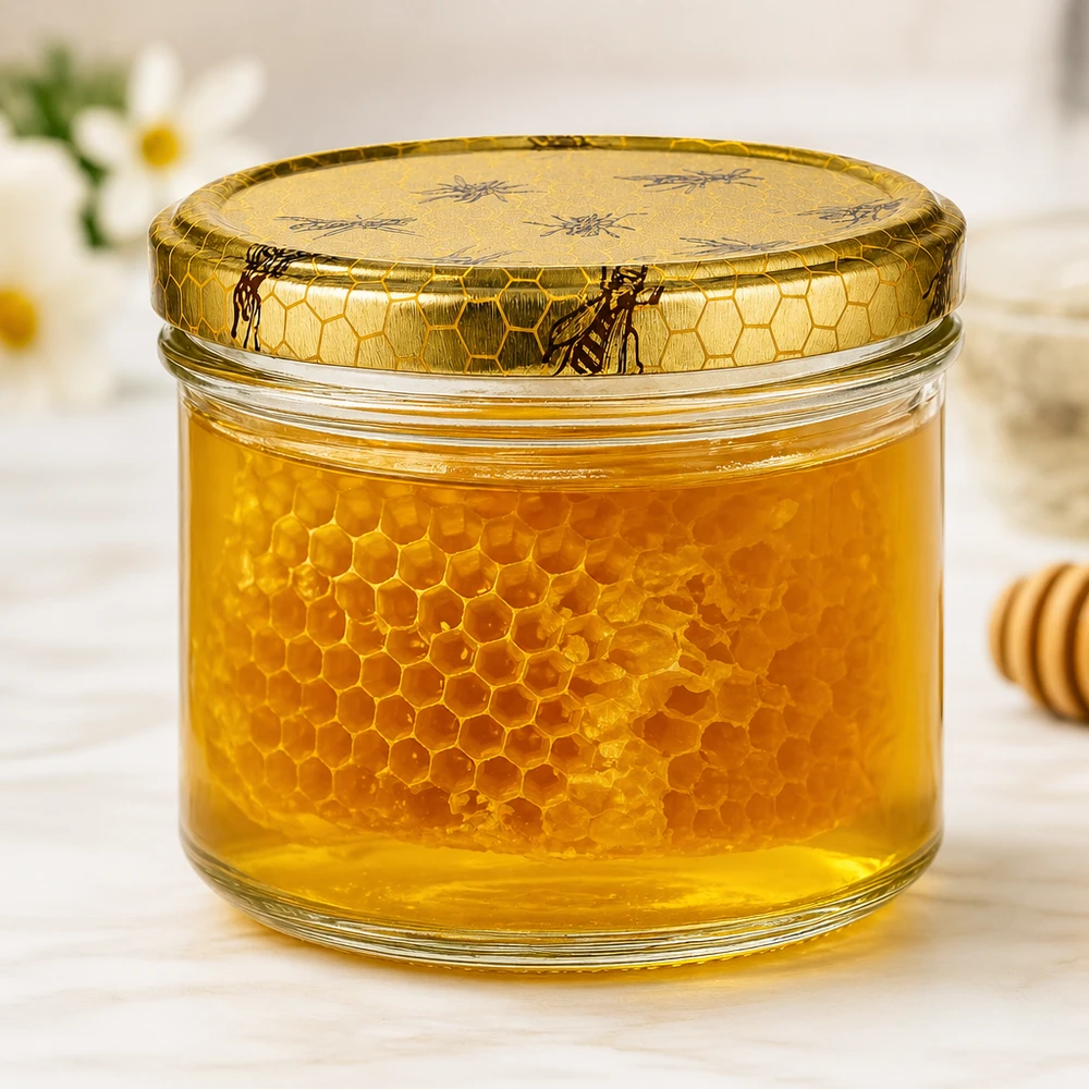 250g Honigglas mit Bienenwabe Deckel BasicSeal UNiTWIST Gefülltes 250g Honigglas mit echter Bienenwabe und dekorativem Deckel zeigt goldenen Honig im Glas