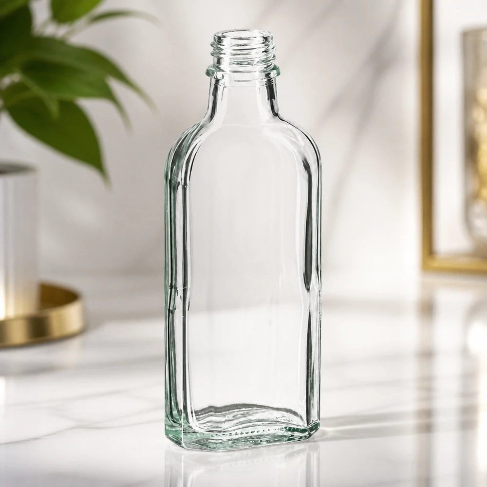 100 ml Meplatflasche klar DIN22 Durchsichtige Meplatflasche 100 ml DIN22 mit charakteristischer ovaler Flachform