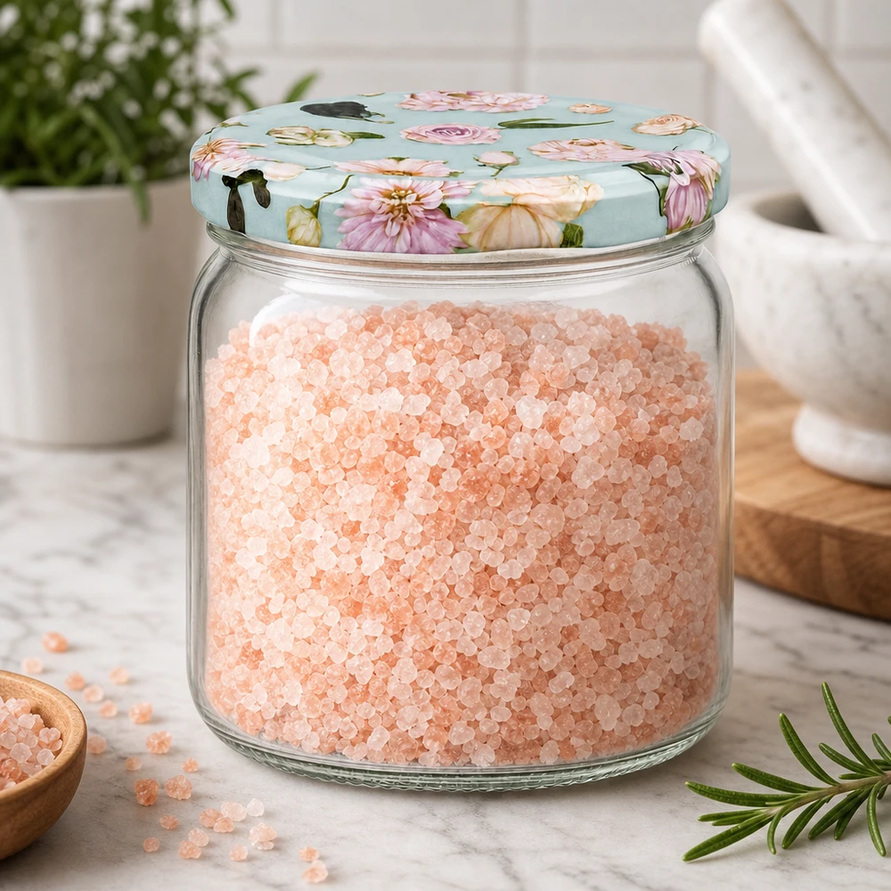 408ml Rundglas mit rosa Badesalz gefüllt BasicSeal Deckel Blume mint Vorratsglas Badezimmer Deko