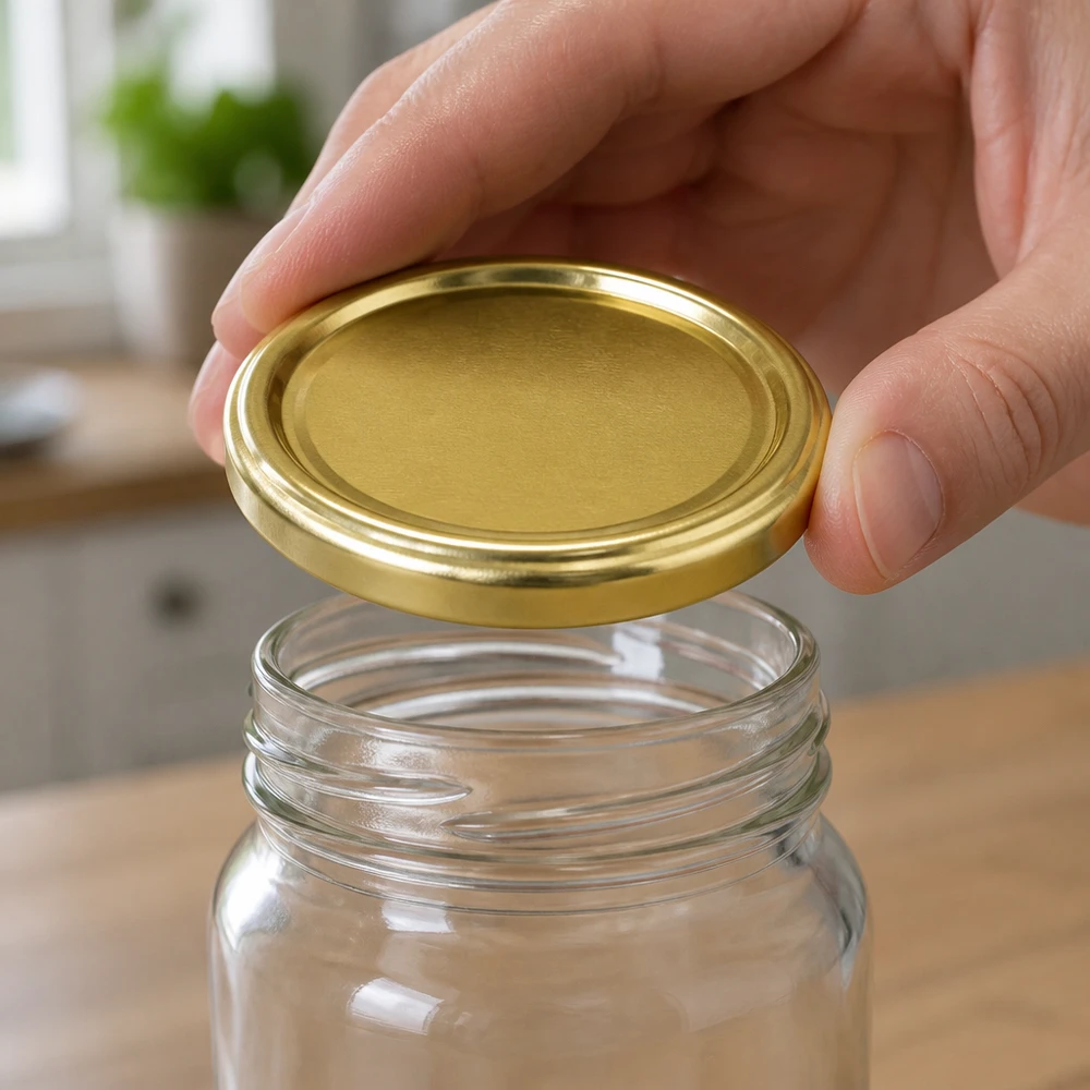 UNiTWIST TO43 gold, BioSeal, BPA-NI, unitemp Nahaufnahme goldener TO43 Deckel UNiTWIST BioSeal BPA-NI unitemp über geöffnetem Vorratsglas