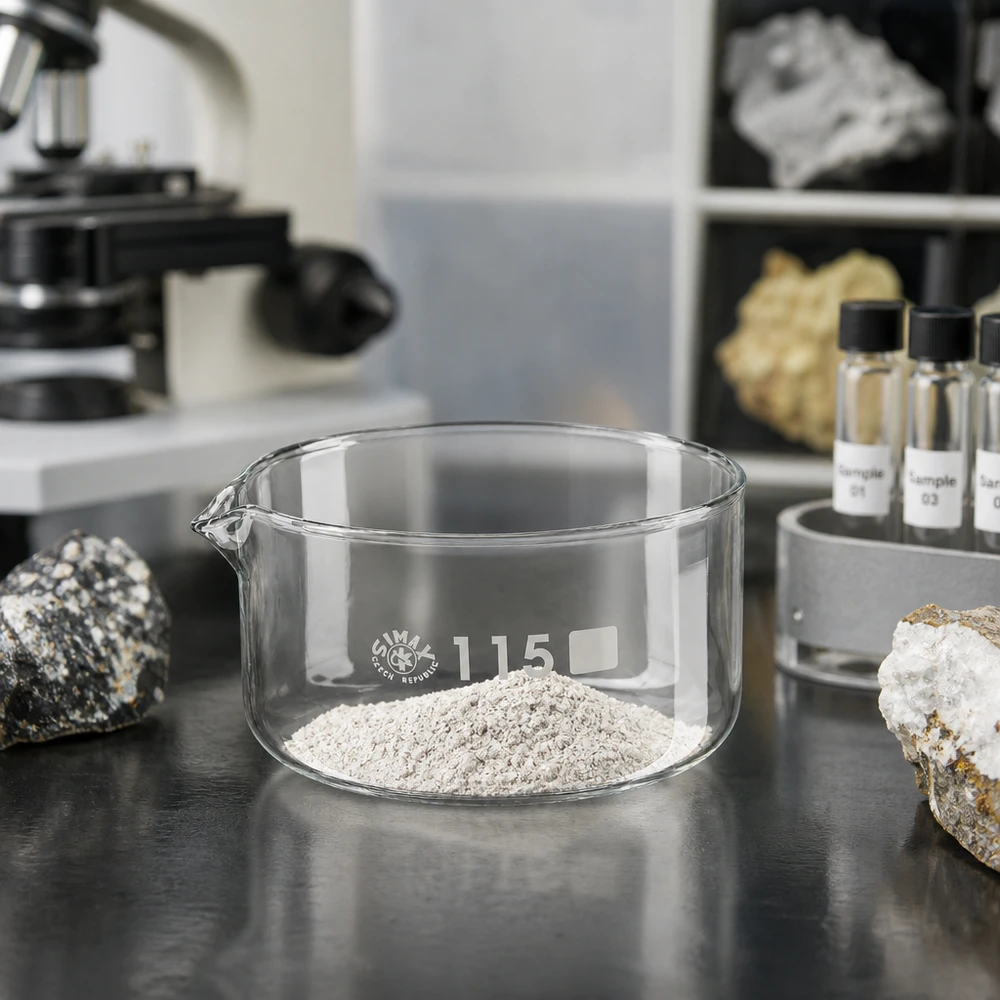 500ml Kristallisierschale mit Ausguss Borosilikat ø115mm Niedrige Kristallisierschale aus hitzebeständigem Borosilikatglas 500ml mit grauem Mineralpulver
