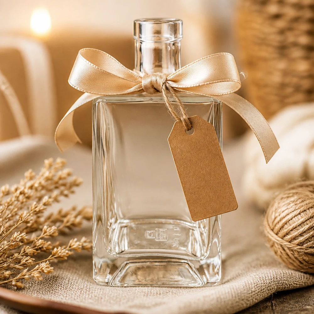 700ml Glasflasche "Gali" ohne Verschluss UNiTWIST® 700ml Glasflasche Ben dekorativ mit goldener Schleife und Geschenkanhänger als Präsentidee inszeniert
