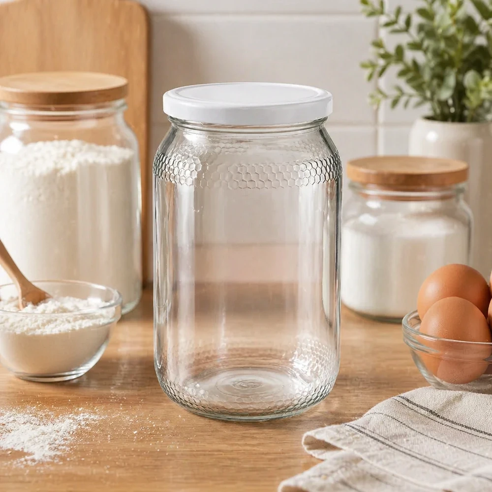 Honigglas 900ml leer in Küchenambiente mit Backzutaten Mehl Eier zeigt praktische Aufbewahrung BasicSeal Deckel