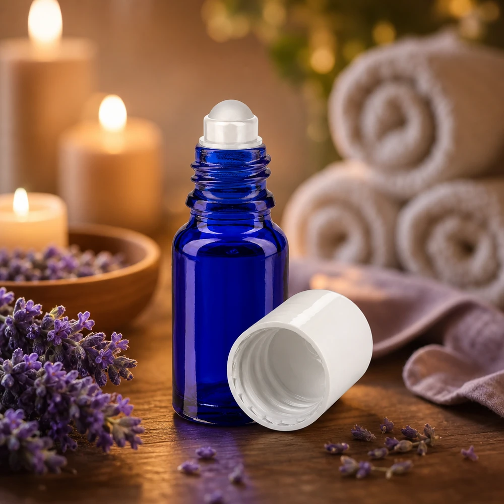 10ml Roll-On Applikator aus kobaltblauem Apothekerglas mit weißer Kappe im Wellness-Setting