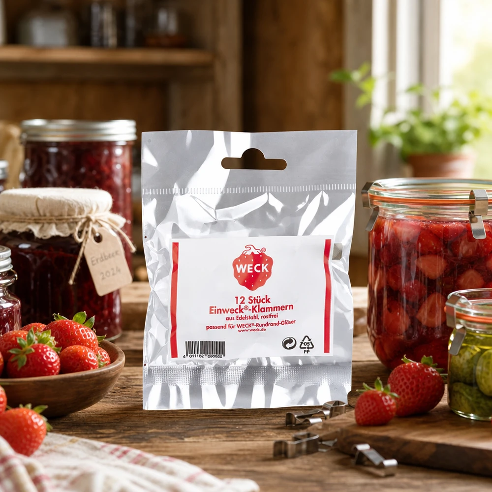 WECK Klammern Verpackung in rustikaler Küche mit Einmachgläsern Erdbeeren und Marmelade Anwendungsbeispiel