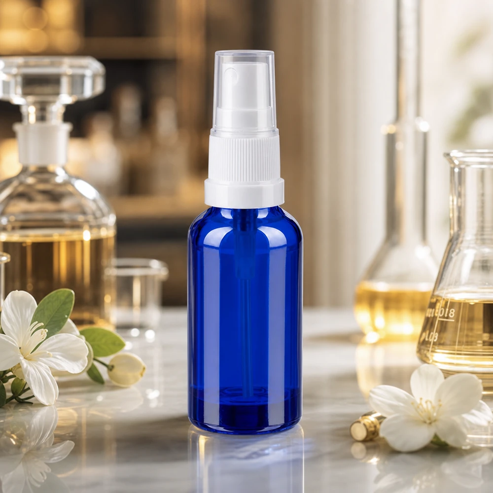 30ml Sprayflasche weiß/transparent Standardverschluss BlueLine UT18/30 30ml blaue Glasflasche mit Sprühaufsatz ideal für selbstgemachte Gesichtswasser und Toner